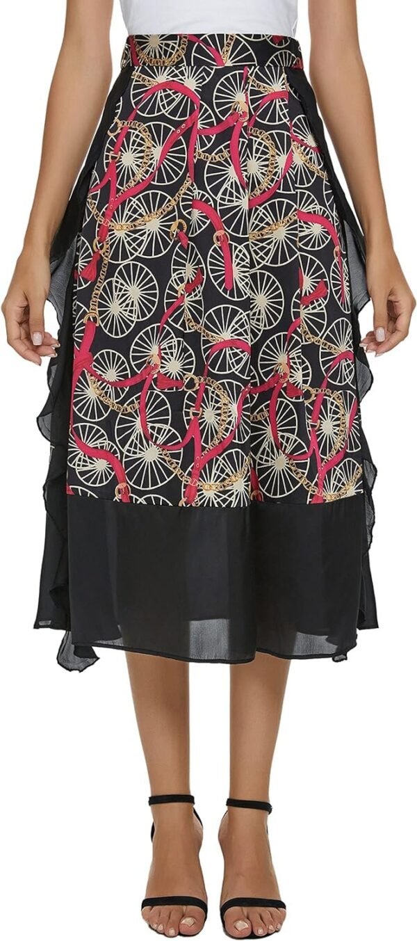 Women's Vintage Printed High Waist A-Line Pleated Patchwork Midi Skirts