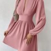 Women's Long Lantern Sleeve Mock Neck Cut Out Dress Elegant A Line Short Dresses