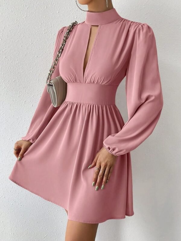 Women's Long Lantern Sleeve Mock Neck Cut Out Dress Elegant A Line Short Dresses