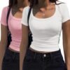Women's Short Sleeve T Shirts Casual Summer Basic Scoop Neck Slim Fit Rib Knit Business Work Tee Tops