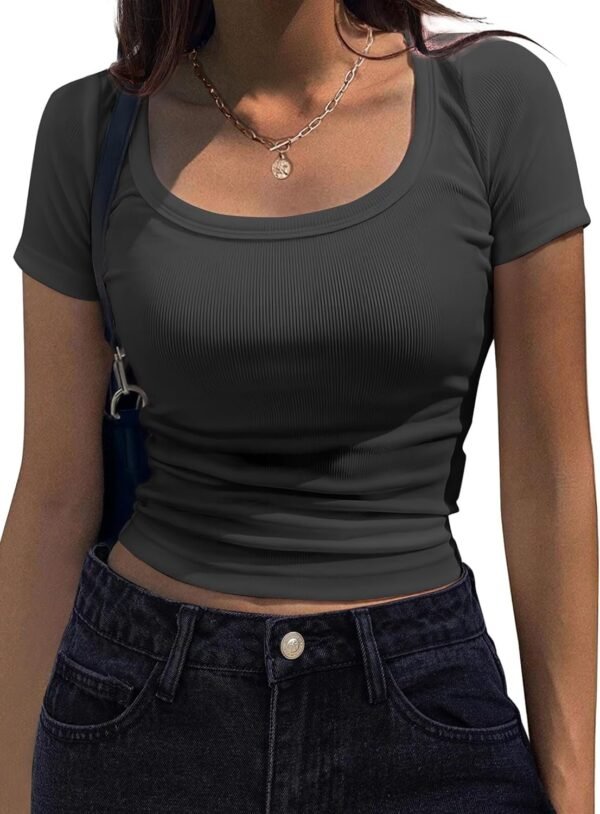 Women's Short Sleeve T Shirts Casual Summer Basic Scoop Neck Slim Fit Rib Knit Business Work Tee Tops