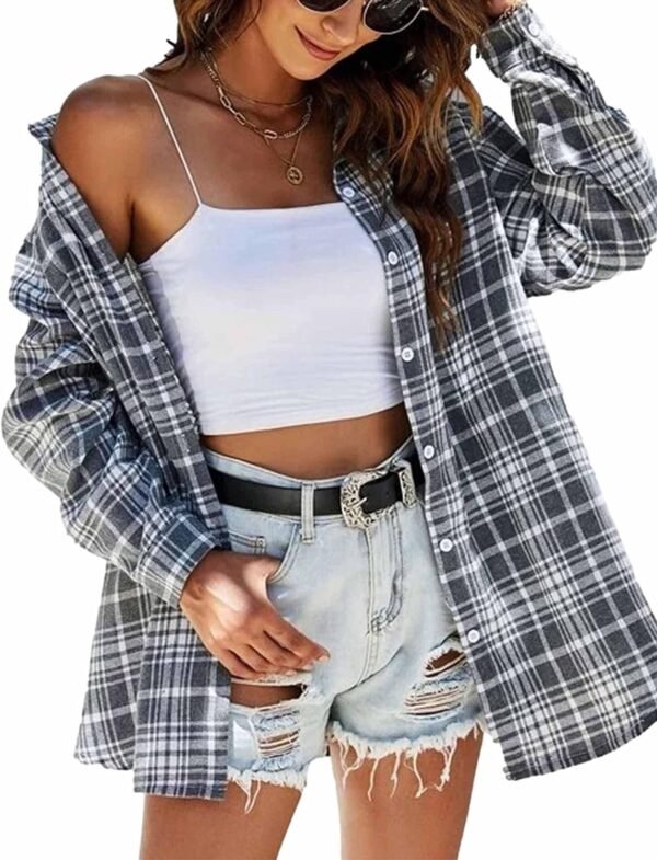 Plaid Flannel Button Down Shirts for Women Oversized Dressy Casual Long Sleeve Tops Blouse