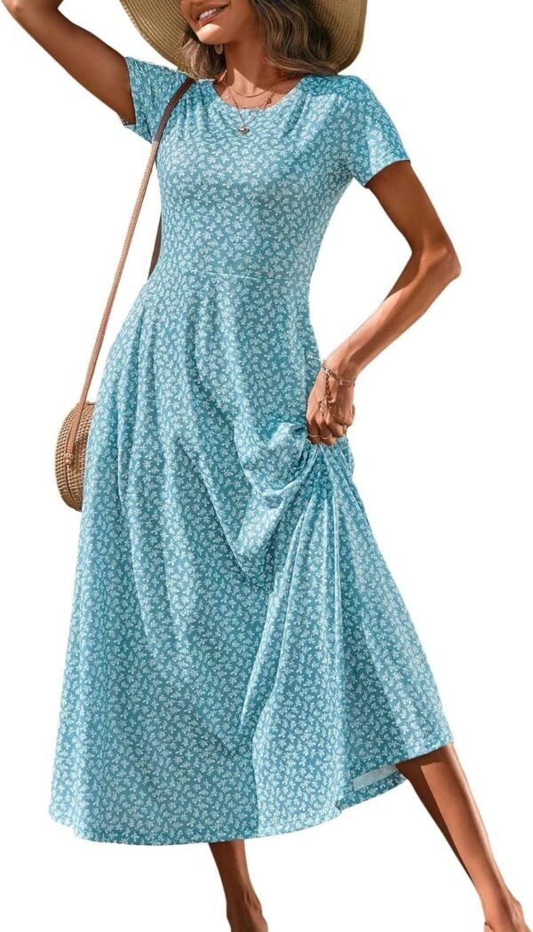 Women's 2024 Short Sleeve Round Neck Casual Summer Flowy Maxi Spring Dresses with Pockets