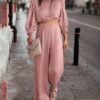 Women's 2 Piece Lounge Set Satin Outfits 2023 Spring Casual Long Puff Sleeve Crop Tops Loose Wide Long Palazzo Pants