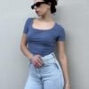 Women's Short Sleeve T Shirts Casual Summer Basic Scoop Neck Slim Fit Rib Knit Business Work Tee Tops