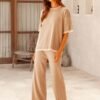 Set 2 Piece Outfits Short Sleeve Knitted Pullover Wide Leg Lounge Pants Tracksuit