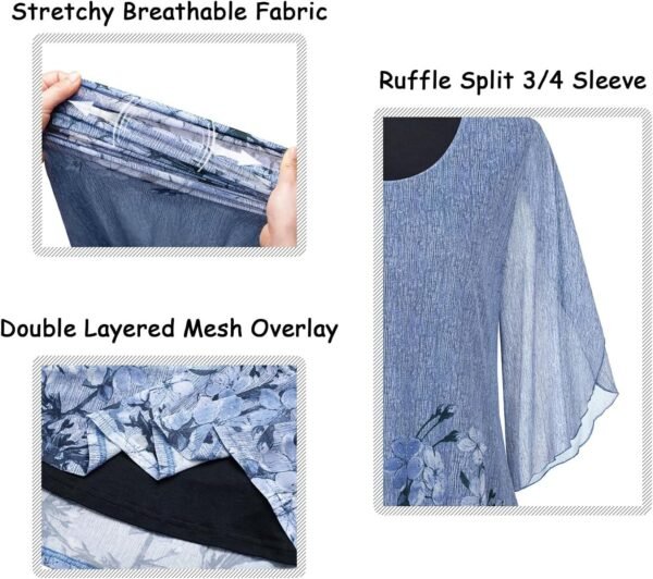 Women's Tops 3/4 Sleeve Blouses Dressy Casual Double Layers Mesh Tunic Shirts