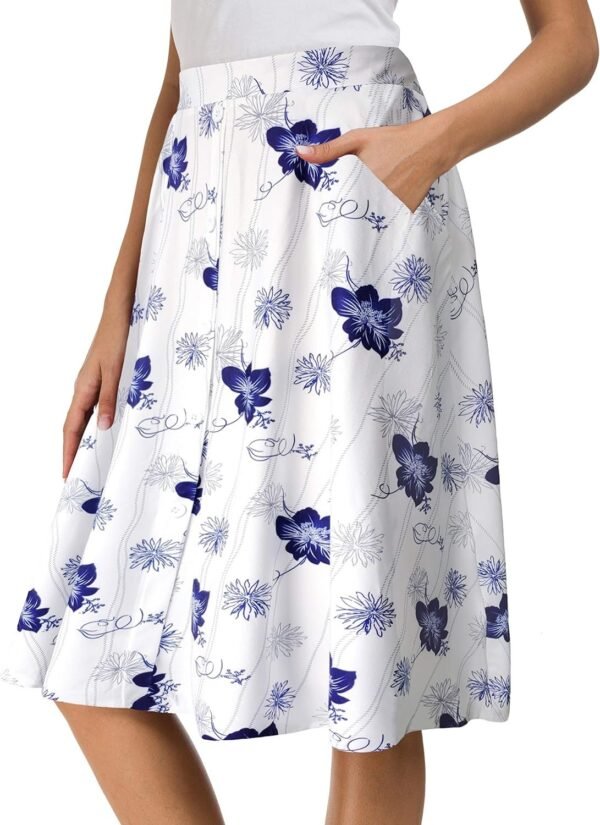 Womens High Waisted A Line Pleated Midi Skirt Button Front Skirts with Pocket