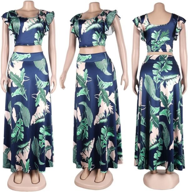 Womens Summer Sexy 2 Pieces Outfits Ruffle Floral Tank Top Wrap Boho Tropical Long Skirt Set Clubwear Dresses