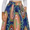 Womens African Print Skirt Boho Flare Pleated Midi Skirt with Pockets