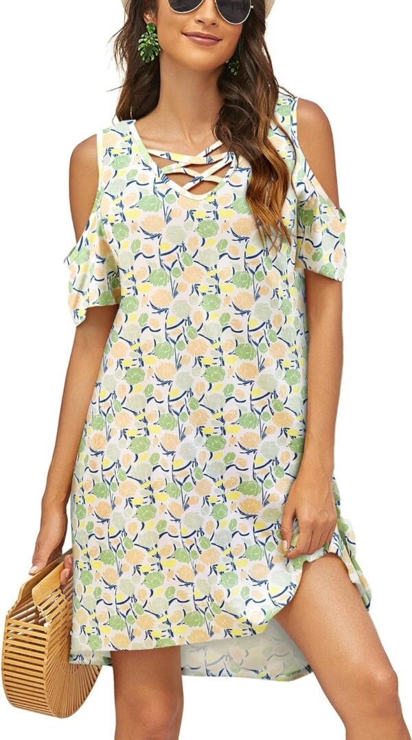 Women Summer Cold Shoulder Criss Cross Neckline Short Sleeve Casual Tunic Top Dress (S-3XL)