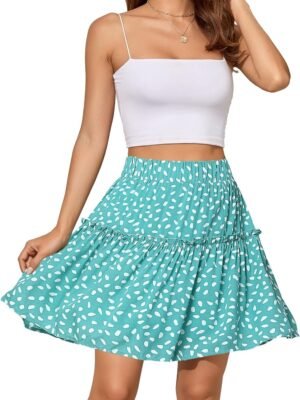 Women's Summer High Waist Floral Layered Ruffle Pleated Beach Mini Skirt