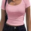 Women's Short Sleeve T Shirts Casual Summer Basic Scoop Neck Slim Fit Rib Knit Business Work Tee Tops