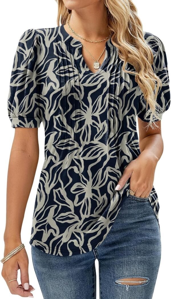 81hxdKb8ABL._AC_SL1500.jpg V Neck Puff Short Sleeve Pleated T Shirts for Women Fashion Summer Tops Casual Tunic Blouse