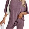 Women's Summer 2 Piece Outfits Lounge Sets Ribbed Knit Short Sleeve Loose Top and Bodycon Shorts Pajamas Set 2024