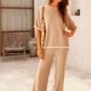 Set 2 Piece Outfits Short Sleeve Knitted Pullover Wide Leg Lounge Pants Tracksuit