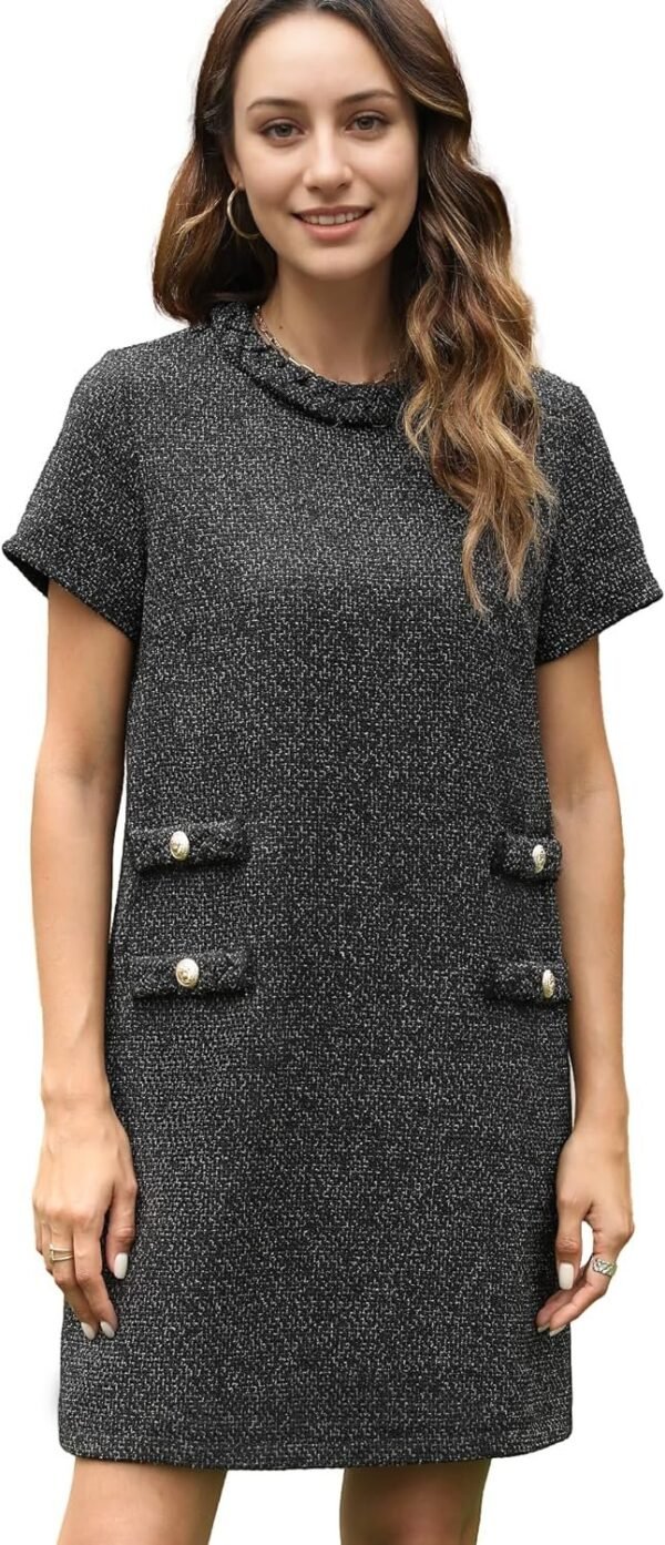 Women's Tweed Dress Short Sleeve Crew Neck A-line Party Vintage Mini Skirt Causal Dresses
