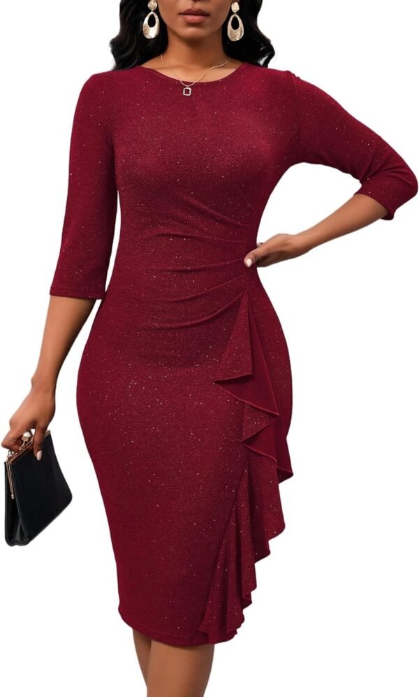 Women's Sequin Sparkly Glitter Party Club Dress Crew Neck 3/4 Sleeve Ruffle Ruched Cocktail Bodycon Midi Dress