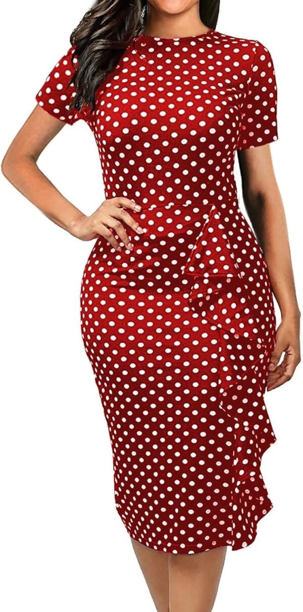 Women's Vintage Short Sleeve Polka Dot Falbala Fold Slim Fit Pencil Dress