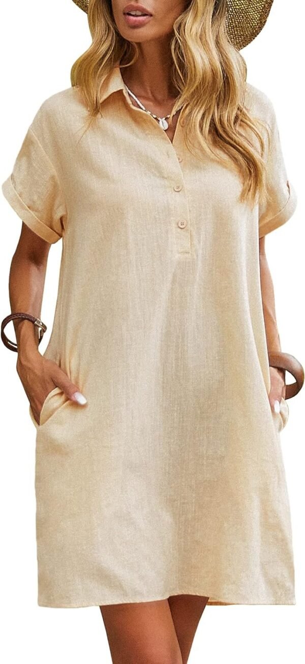 Womens Cotton Shirt Dress Summer Casual Short Sleeve Button Down Beach Cover Up Shirts with Pockets