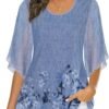 Women's Tops 3/4 Sleeve Blouses Dressy Casual Double Layers Mesh Tunic Shirts