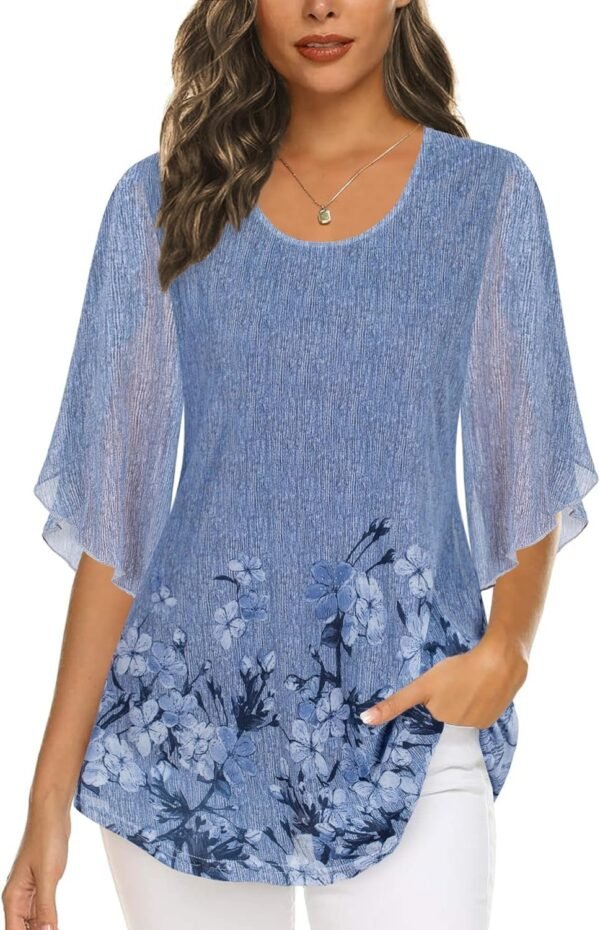 Women's Tops 3/4 Sleeve Blouses Dressy Casual Double Layers Mesh Tunic Shirts