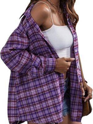 Plaid Flannel Button Down Shirts for Women Oversized Dressy Casual Long Sleeve Tops Blouse