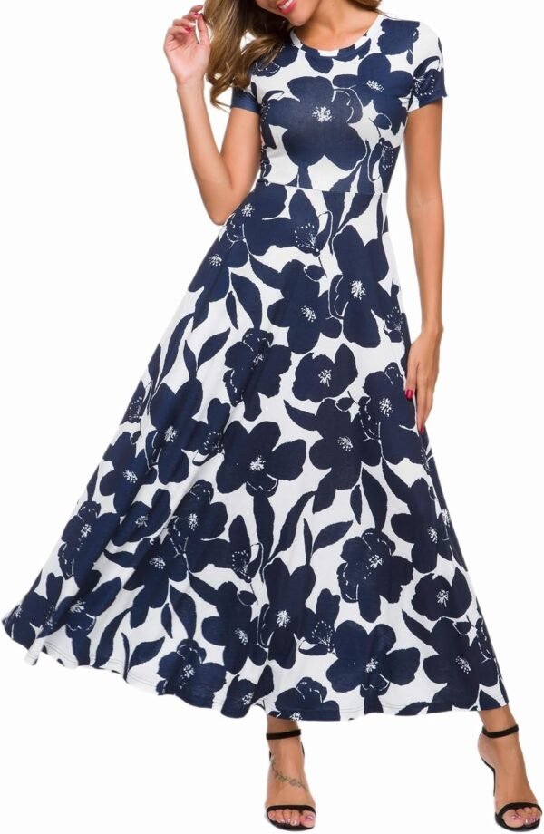 Women's 2024 Short Sleeve Round Neck Casual Summer Flowy Maxi Spring Dresses with Pockets