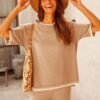 Set 2 Piece Outfits Short Sleeve Knitted Pullover Wide Leg Lounge Pants Tracksuit