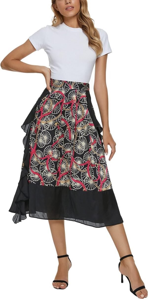 Women's Vintage Printed High Waist A-Line Pleated Patchwork Midi Skirts