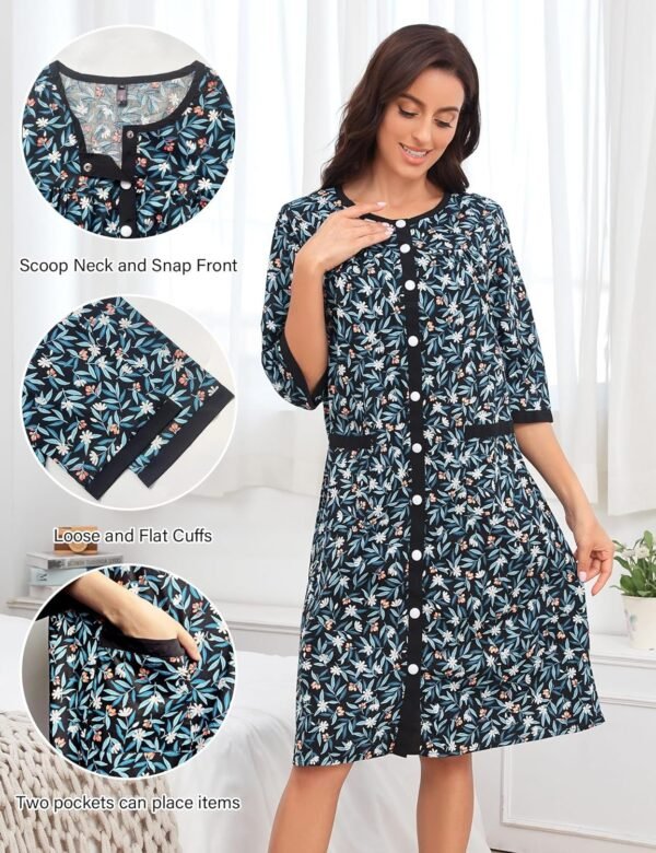 Women House Dress Snap Front Nightgown 3/4 Sleeve Housecoat Duster Robe with Pockets Moomoo Patio Dress