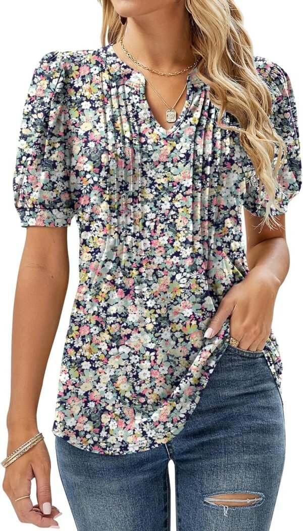 81uqV7BCGvL._AC_SL1500.jpg V Neck Puff Short Sleeve Pleated T Shirts for Women Fashion Summer Tops Casual Tunic Blouse