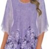 Women's Tops 3/4 Sleeve Blouses Dressy Casual Double Layers Mesh Tunic Shirts