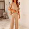 Set 2 Piece Outfits Short Sleeve Knitted Pullover Wide Leg Lounge Pants Tracksuit