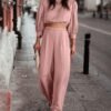 Women's 2 Piece Lounge Set Satin Outfits 2023 Spring Casual Long Puff Sleeve Crop Tops Loose Wide Long Palazzo Pants