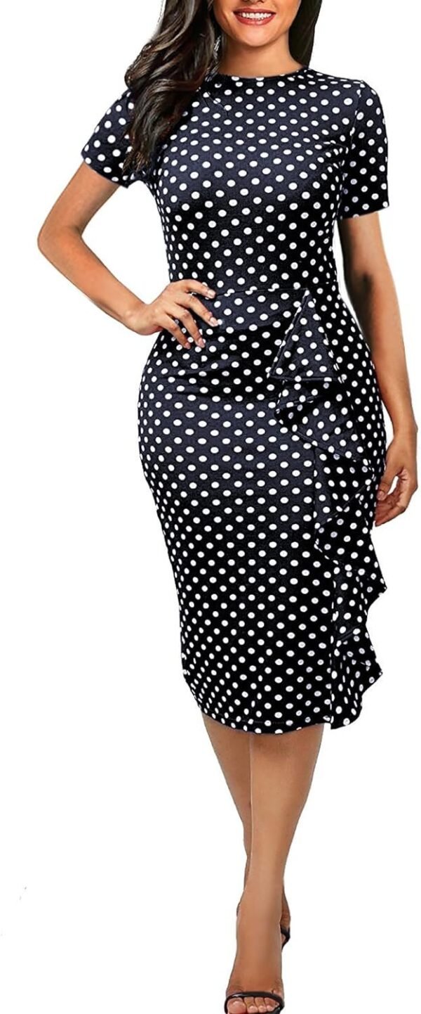 Women's Vintage Short Sleeve Polka Dot Falbala Fold Slim Fit Pencil Dress