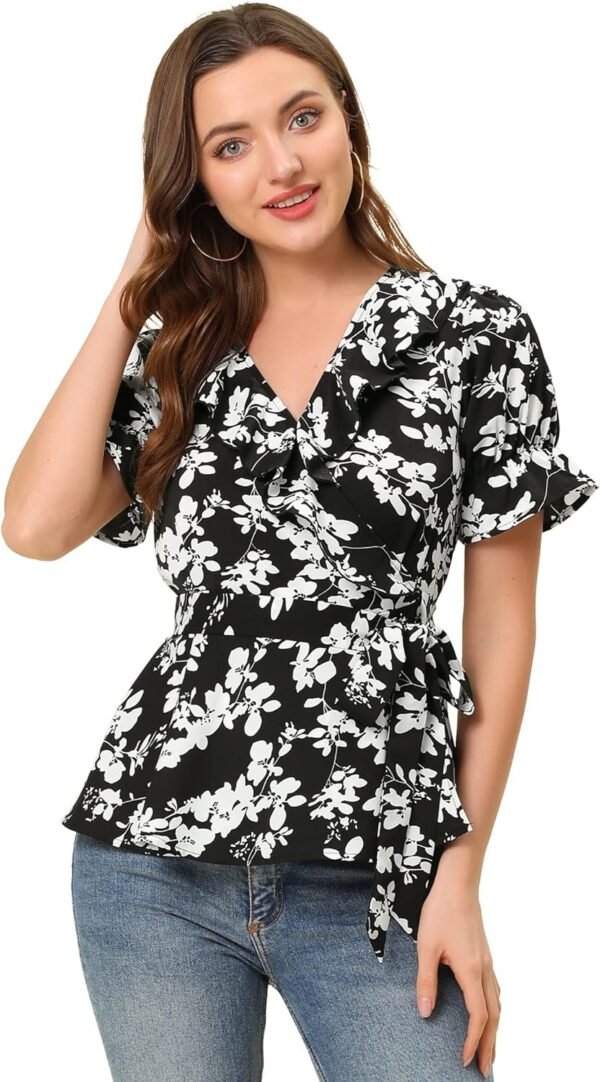 Women's Wrap Peplum Top Blouse Tie Waist Short Sleeve Ruffle Floral V Neck Belted Shirts