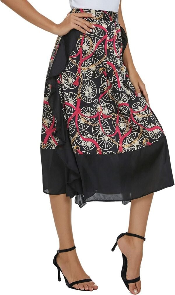 Women's Vintage Printed High Waist A-Line Pleated Patchwork Midi Skirts