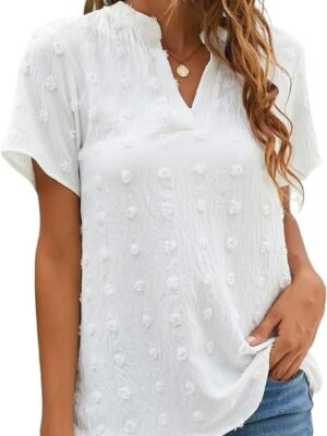 Womens White Chiffon Blouses Short Sleeve V Neck Shirts Summer Casual Polka Dot Tops
