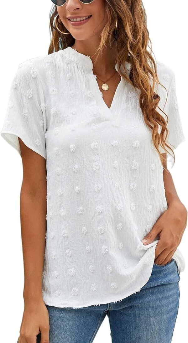 81x5gidd3kL._AC_SL1500.jpg Womens White Chiffon Blouses Short Sleeve V Neck Shirts Summer Casual Polka Dot Tops