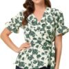 Women's Wrap Peplum Top Blouse Tie Waist Short Sleeve Ruffle Floral V Neck Belted Shirts