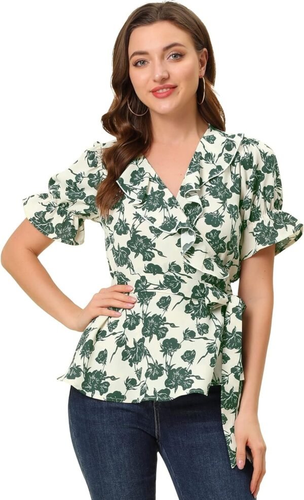 Women's Wrap Peplum Top Blouse Tie Waist Short Sleeve Ruffle Floral V Neck Belted Shirts