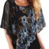 Women's Lightweight Flowy Shirt Double-Layered Printed Chiffon Poncho Blouse Top