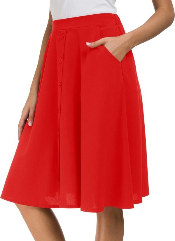 Womens High Waisted A Line Pleated Midi Skirt Button Front Skirts with Pocket