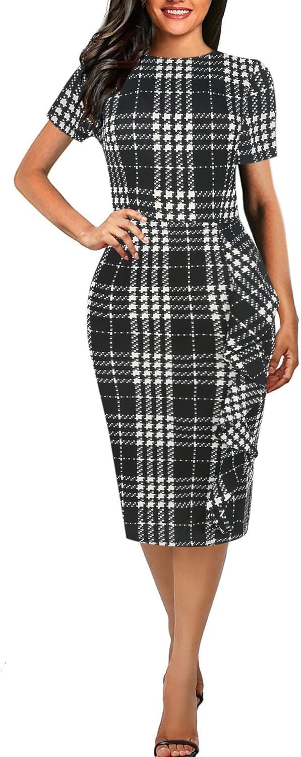 Women's Vintage Short Sleeve Polka Dot Falbala Fold Slim Fit Pencil Dress