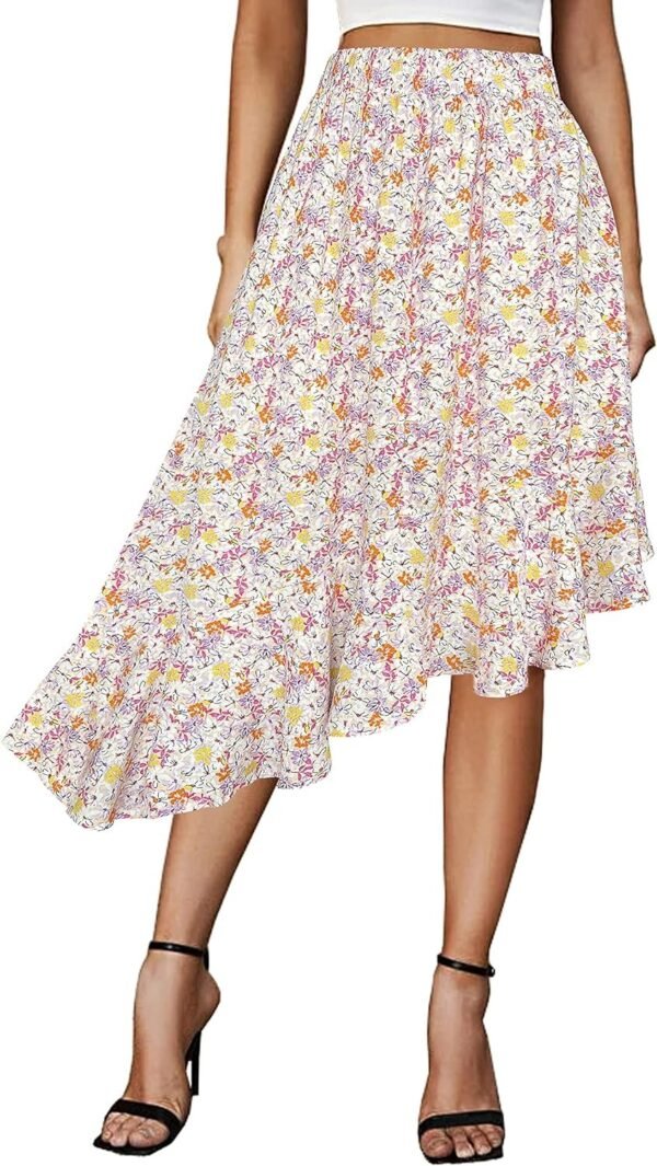 Women's Boho Floral High Waisted High Low Asymmetric Hem Midi Skirt