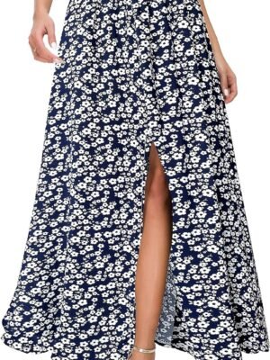 Women's Print Long Skirts High Waist Split A Line Full Length Maxi Skirt