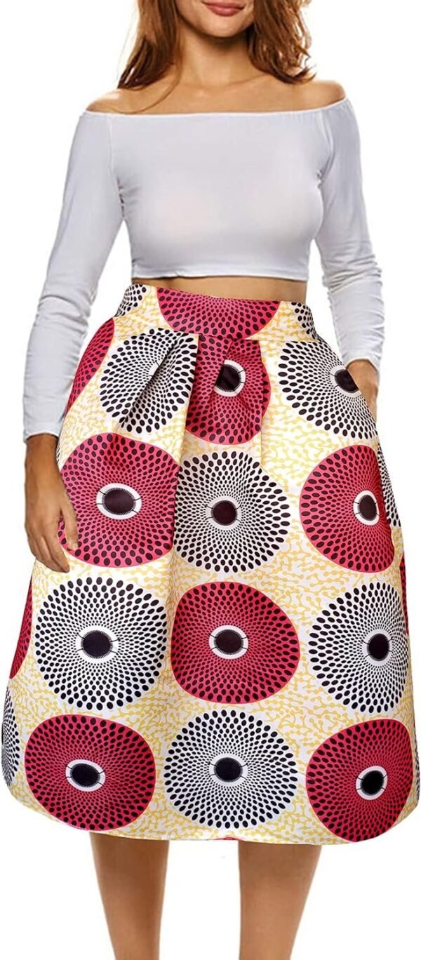 Womens African Print Skirt Boho Flare Pleated Midi Skirt with Pockets