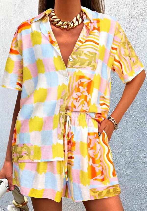 Womens 2 Piece Summer Beach Outfits Printed Short Sleeve Tops Lounge Shorts Casual Tracksuit Set