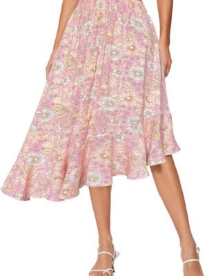 Women's Boho Floral High Waisted High Low Asymmetric Hem Midi Skirt